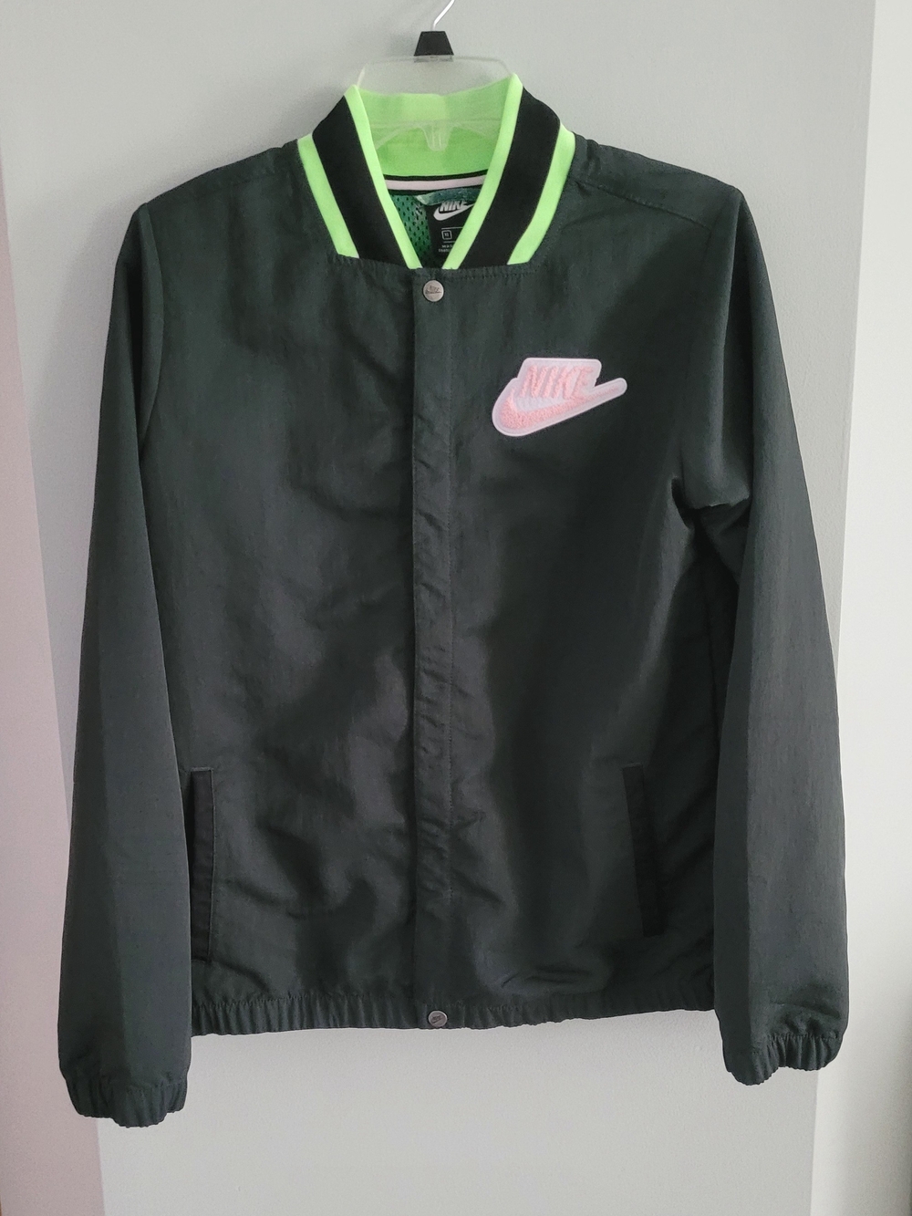 Nike Kids Black Jacket with Neon Green Trim and Pink Logo